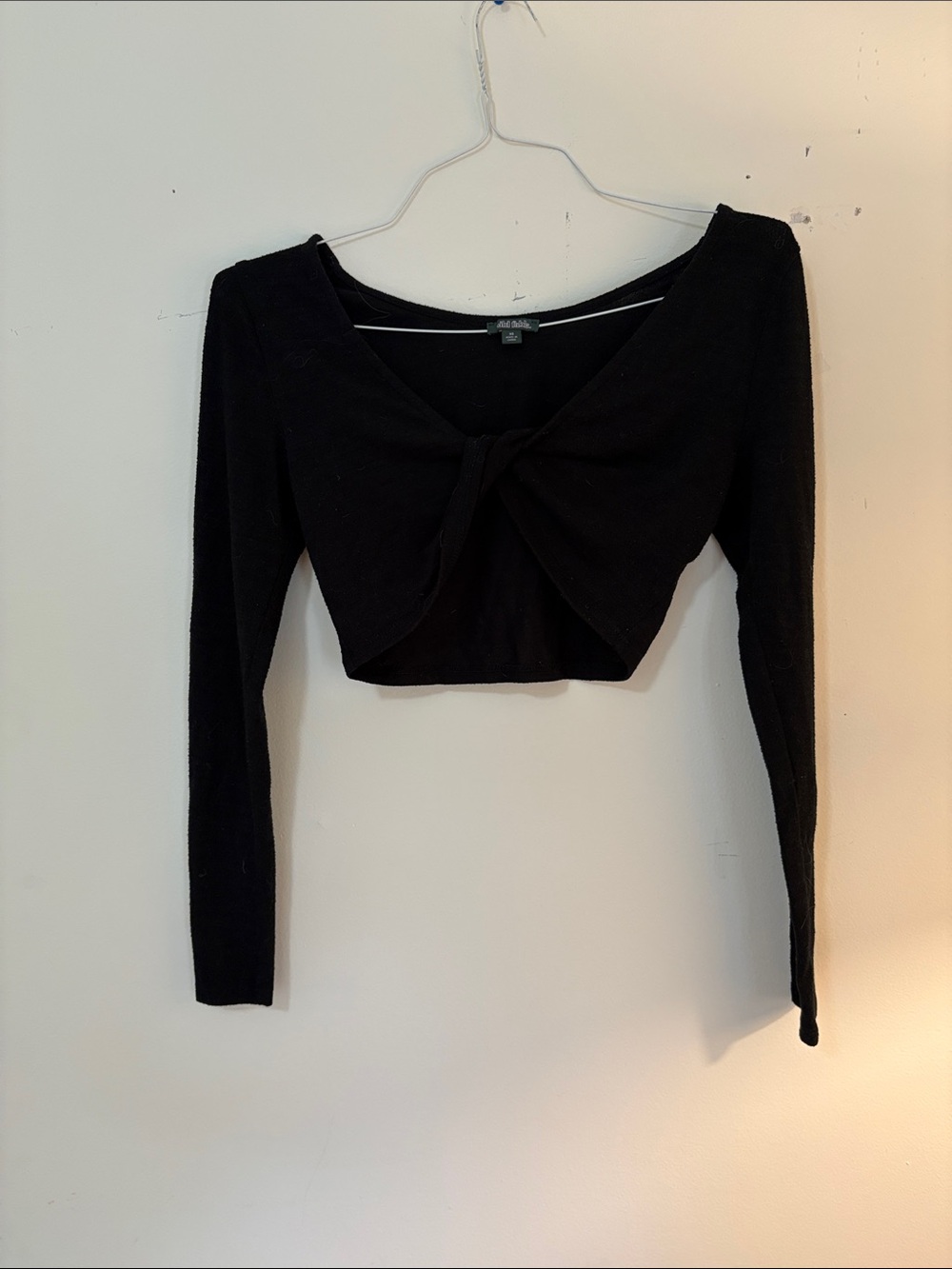 wild fable Black Long Sleeve Knot-Front Crop Top
